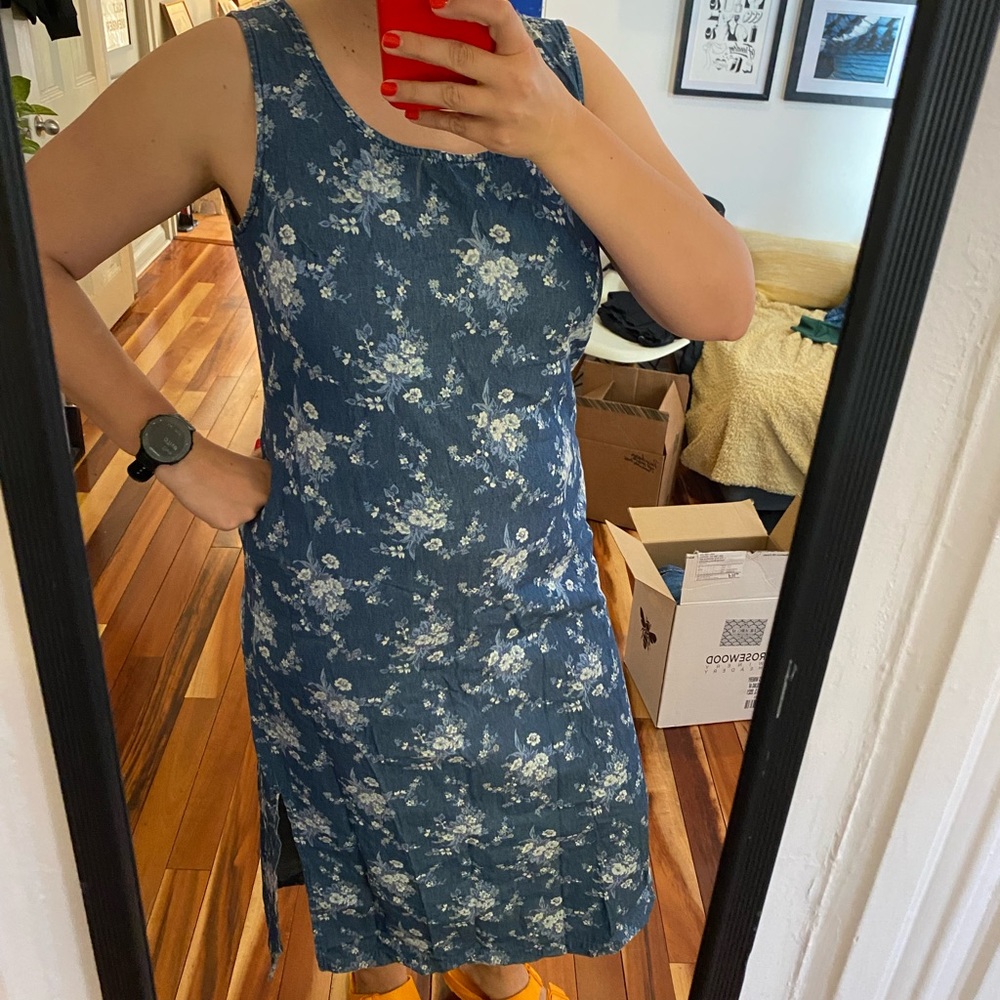 Vintage midi denim floral dress with side slit